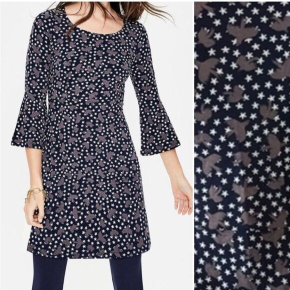 NWT BODEN Navy/Miriam Bird and Star Print Jersey Bell Sleeve Dress Size 2 - Picture 1 of 6